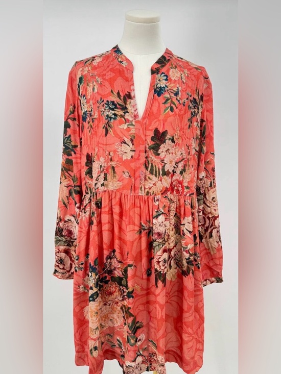 Peruvian Connection Dresses & Skirts - Peruvian Connection Coral Floral Split Neck Tunic Dress